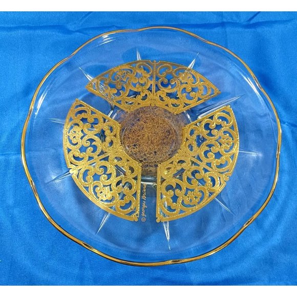 Georges Briard Other - Georges Briard Signed Gold Scroll Encrusted Glass Pedestal Cake Plate Stand